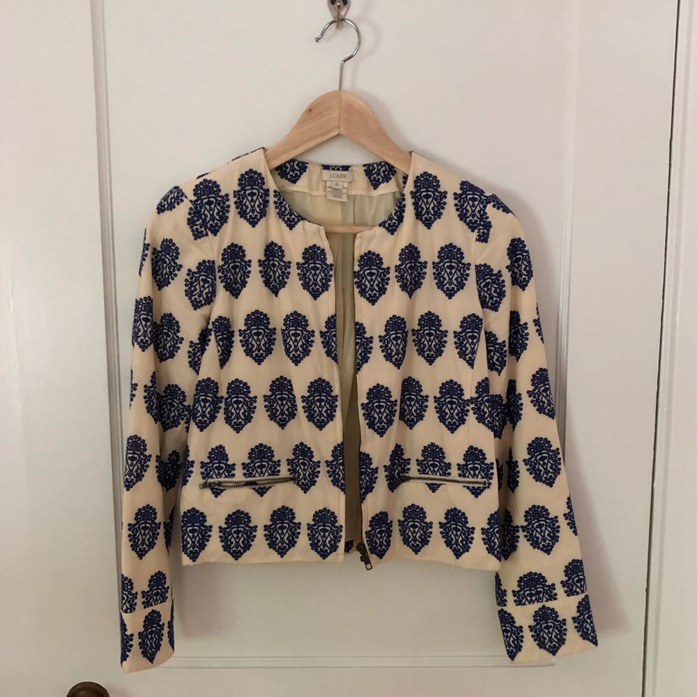 JCrew cropped jacket with blue embroidery